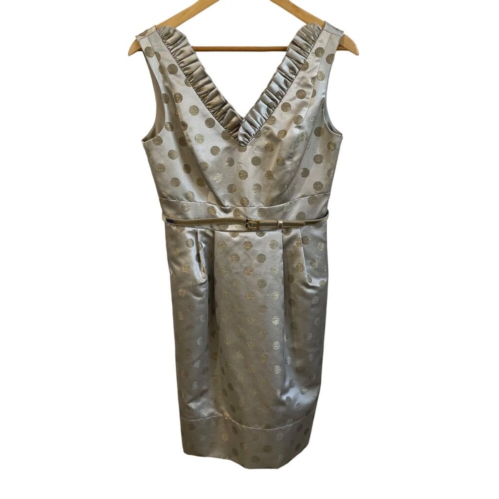 Eliza J Dress Size 8 Cream Gold Polka Dots Sheath Ruffle Neckline Party Cocktail